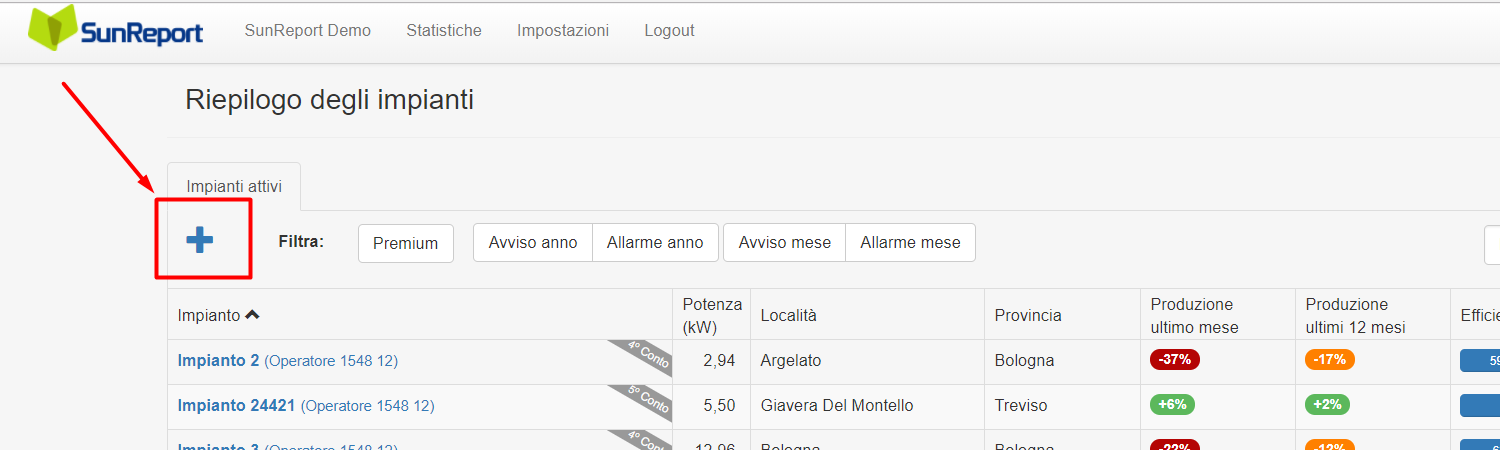 Pulsante per aggiungere impianti