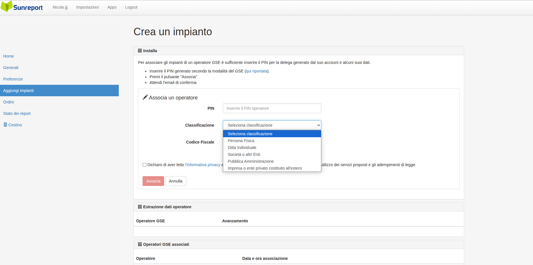 Inserimento PIN e classificazione