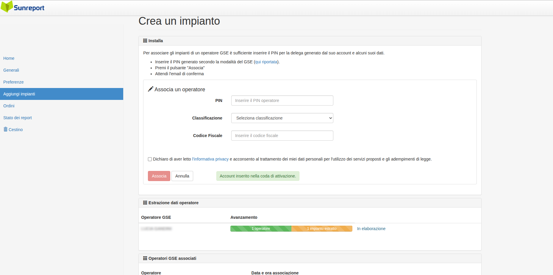 Coda attivazione e stato importazione