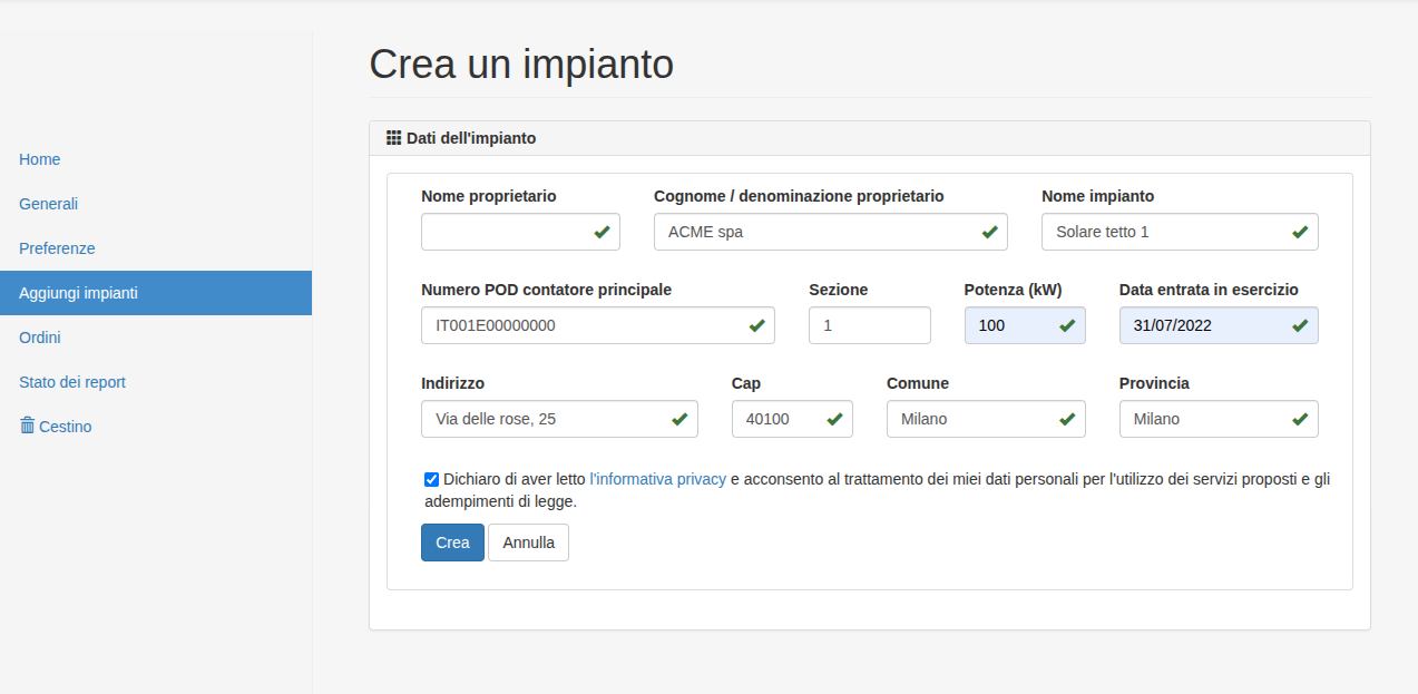 Inserimento manuale impianto